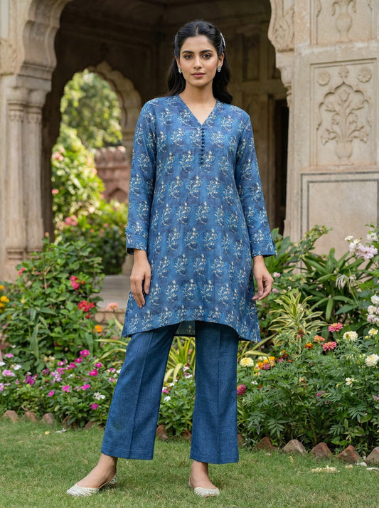 Linen Silk Kurta Set - Blue
