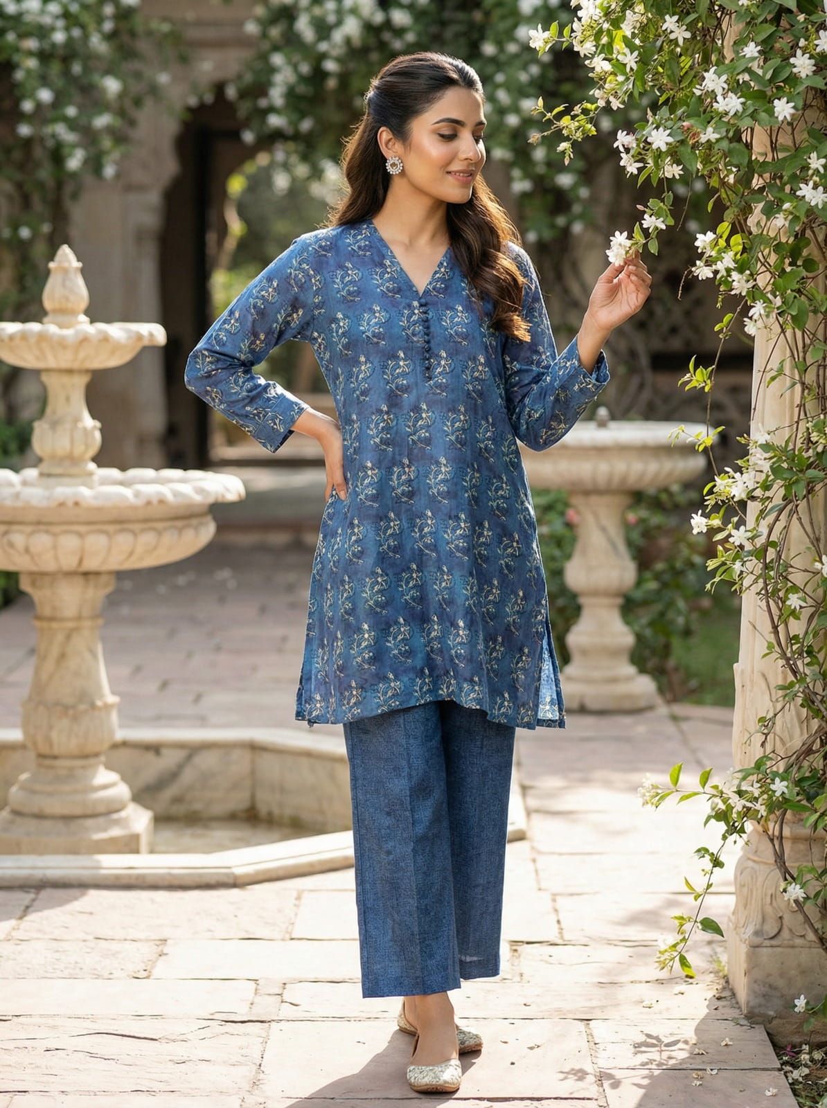 Linen Silk Kurta Set - Blue