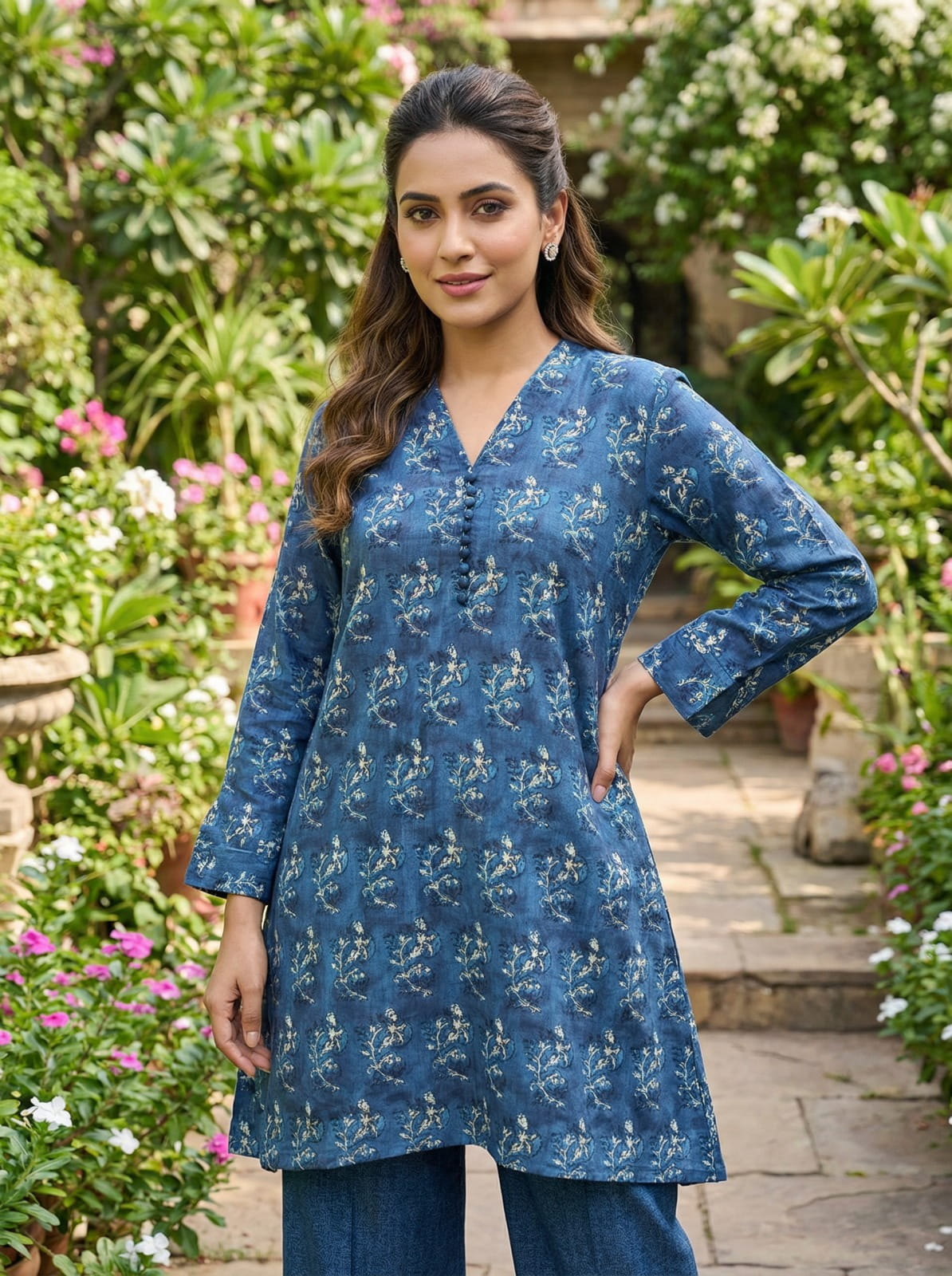 Linen Silk Kurta Set - Blue