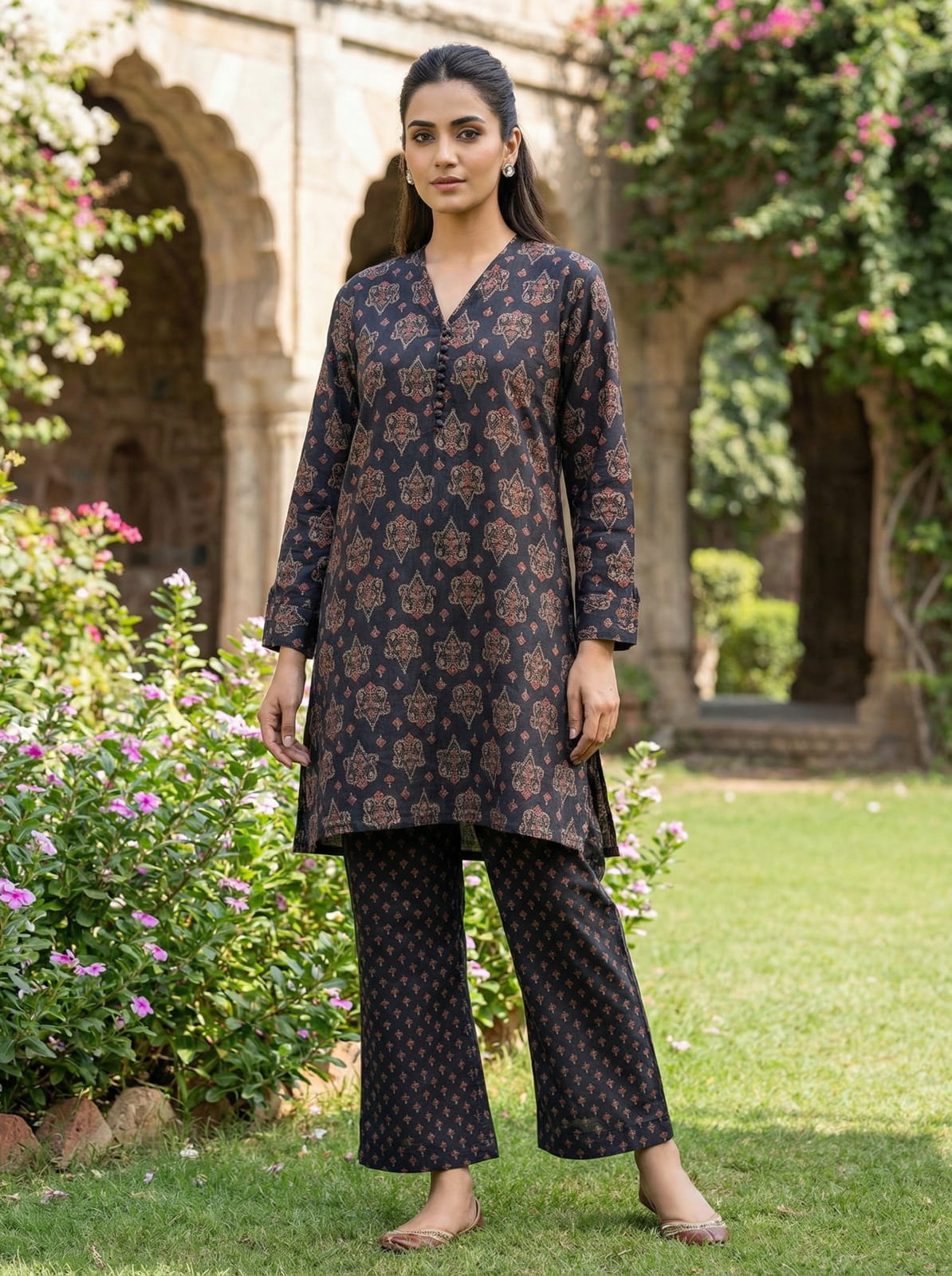 Pure Linen Silk Kurta Set - Geometric Print