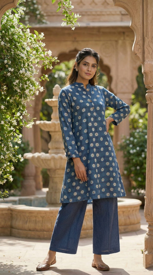 Pure Linen Silk Kurta Set - Blue