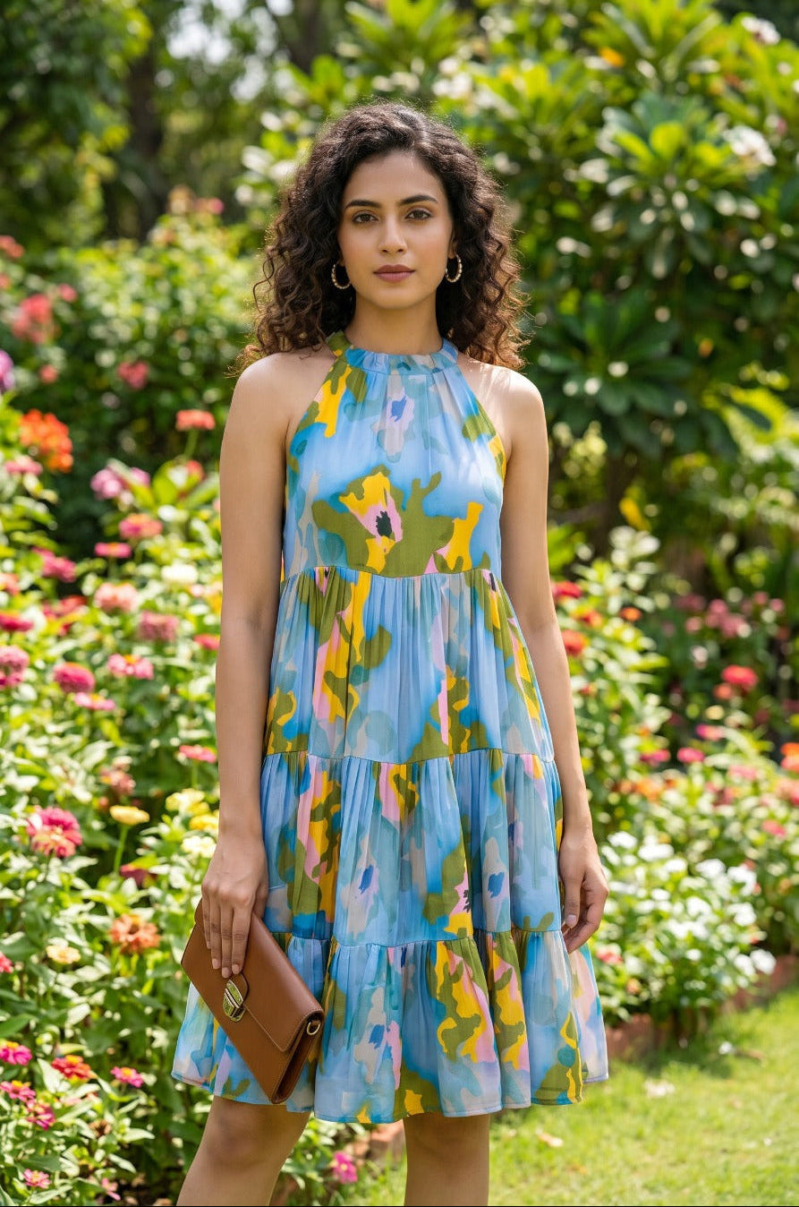 Halter Neck Mini Dress - Blue