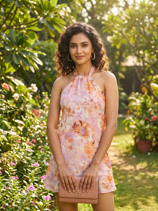Halter Neck Mini Dress - Pink
