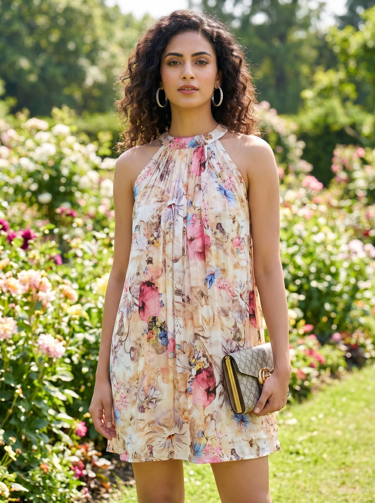 Halter Neck Mini Dress - Beige