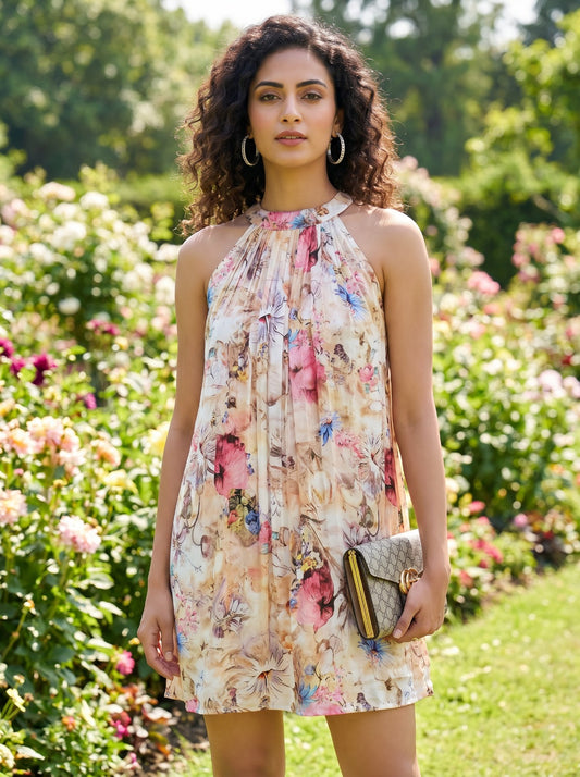 Halter Neck Mini Dress - Beige