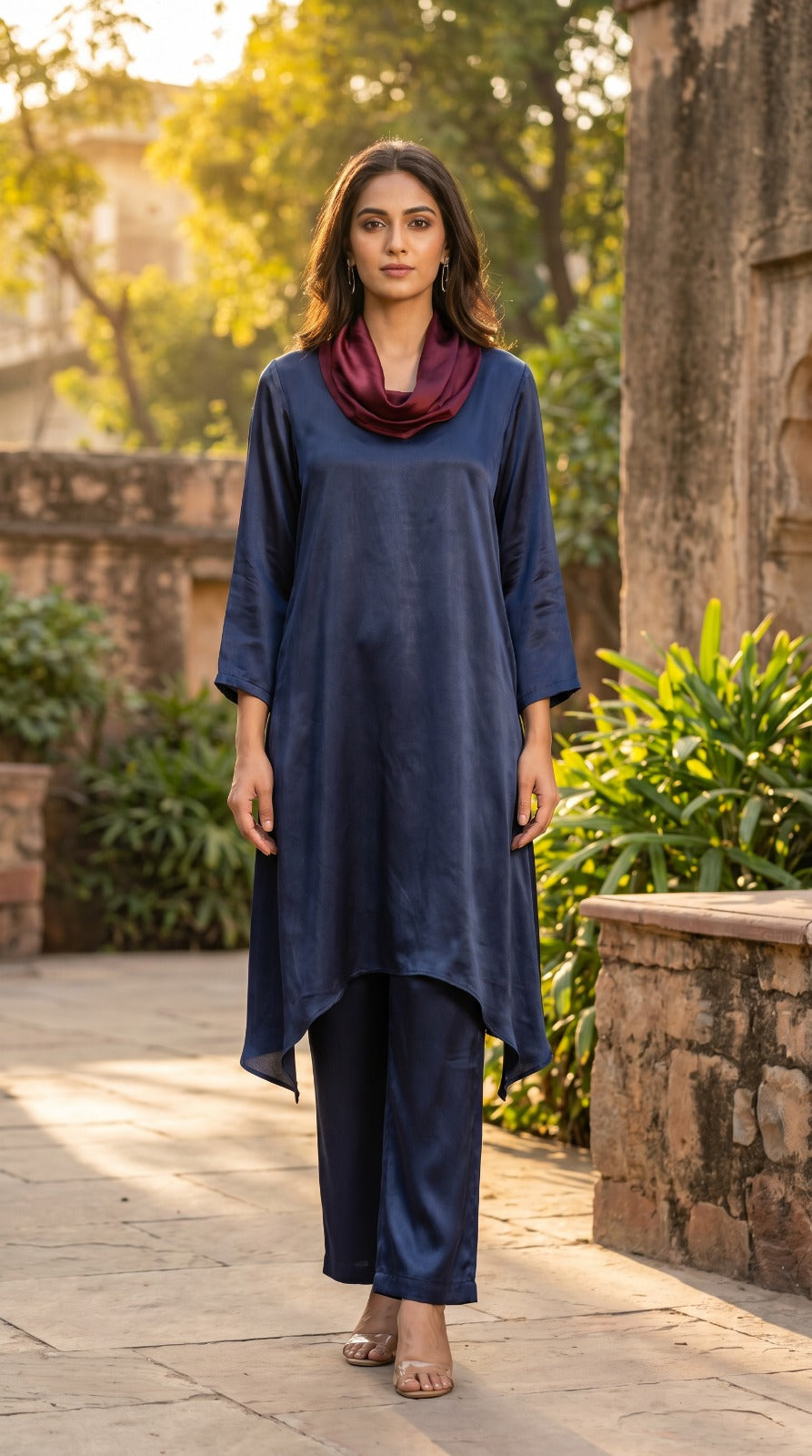 Cowl Neck Co-ord Set - Navy Blue & Wine