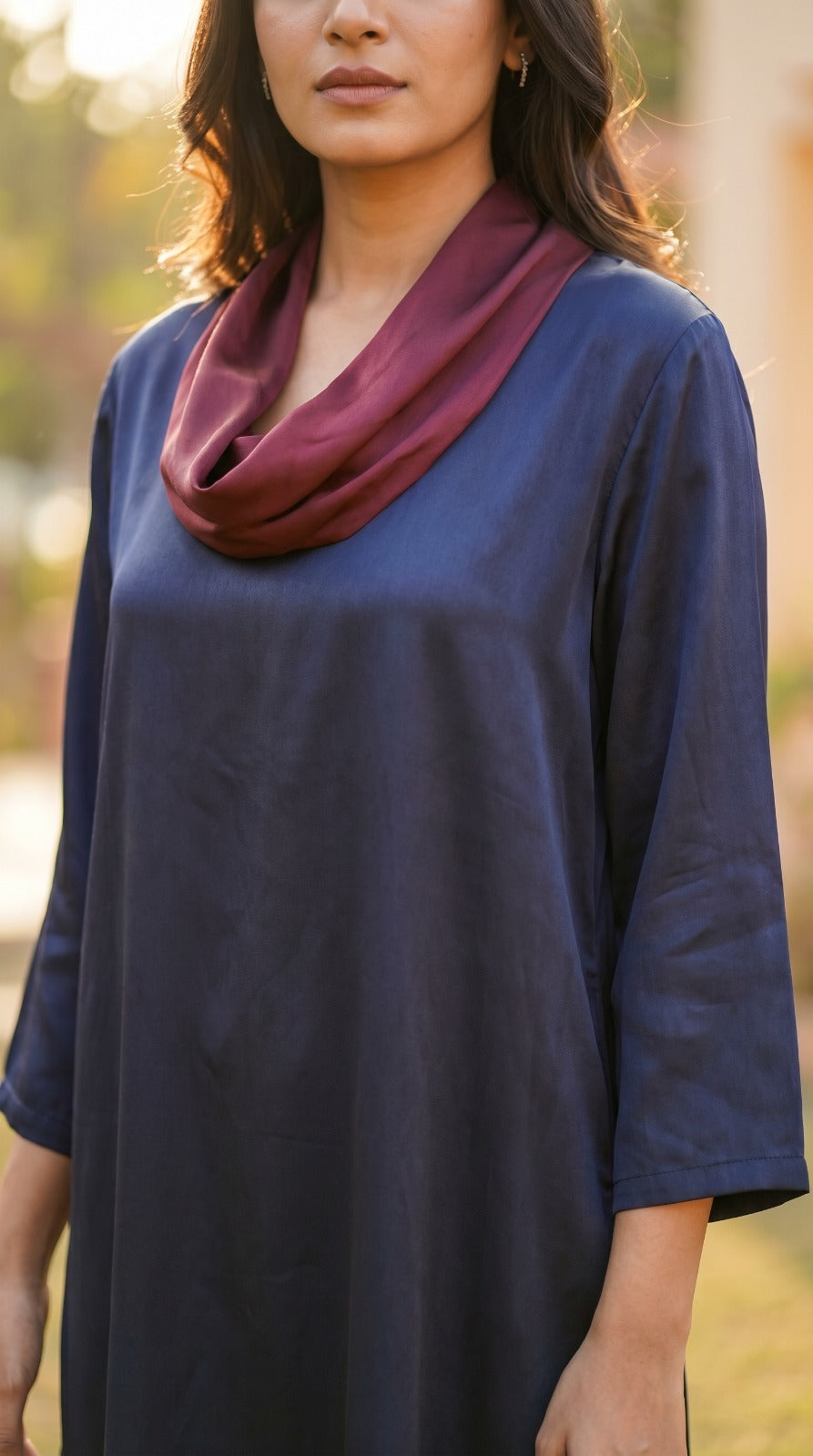 Cowl Neck Co-ord Set - Navy Blue & Wine