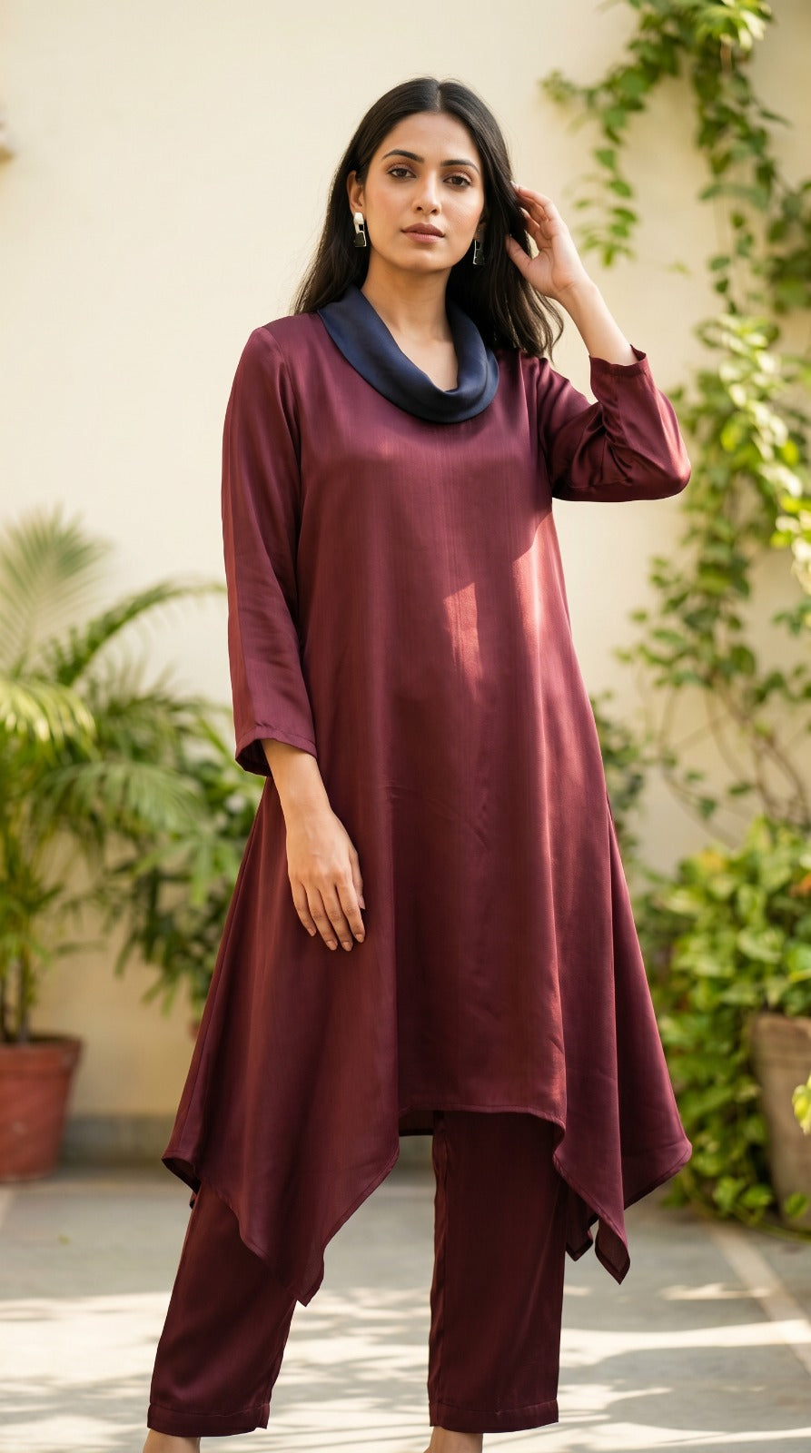 Cowl Neck Co-ord Set - Wine & Navy