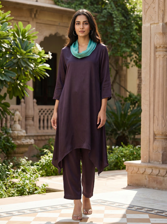 Cowl Neck Co-ord Set - Plum & Teal