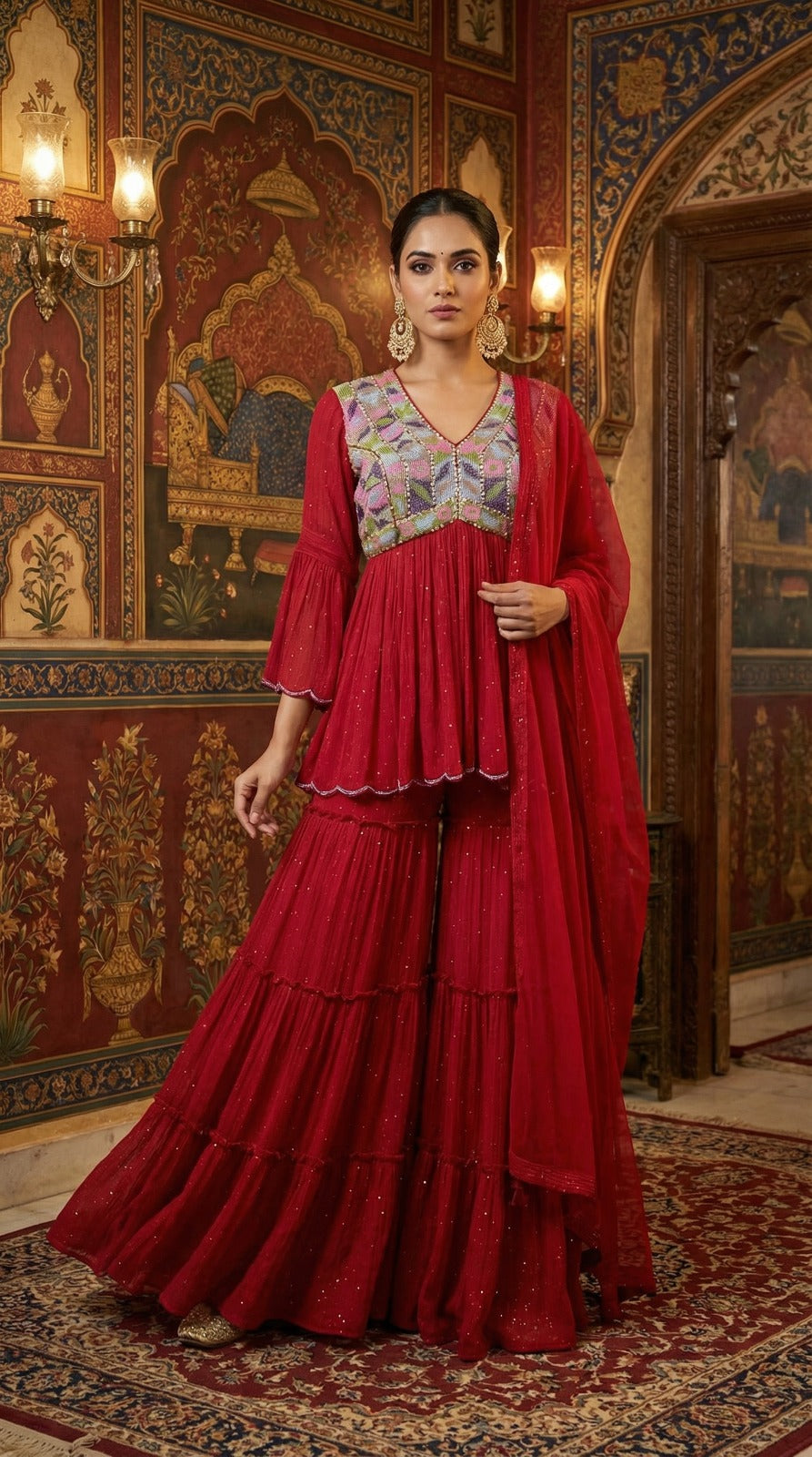 Ruby Regal Embroidered Peplum Kurta Sharara Set