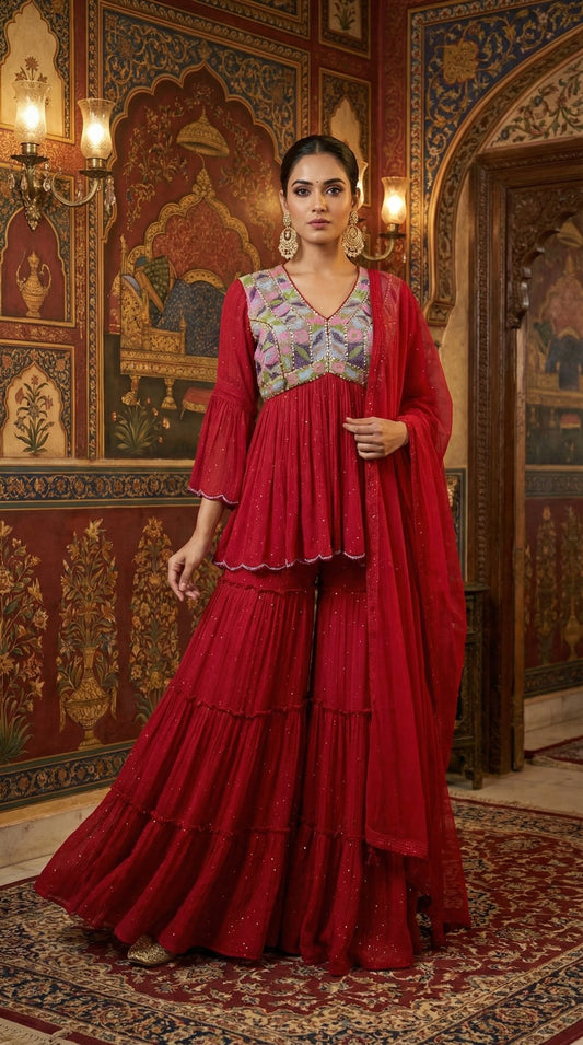 Ruby Regal Embroidered Peplum Kurta Sharara Set