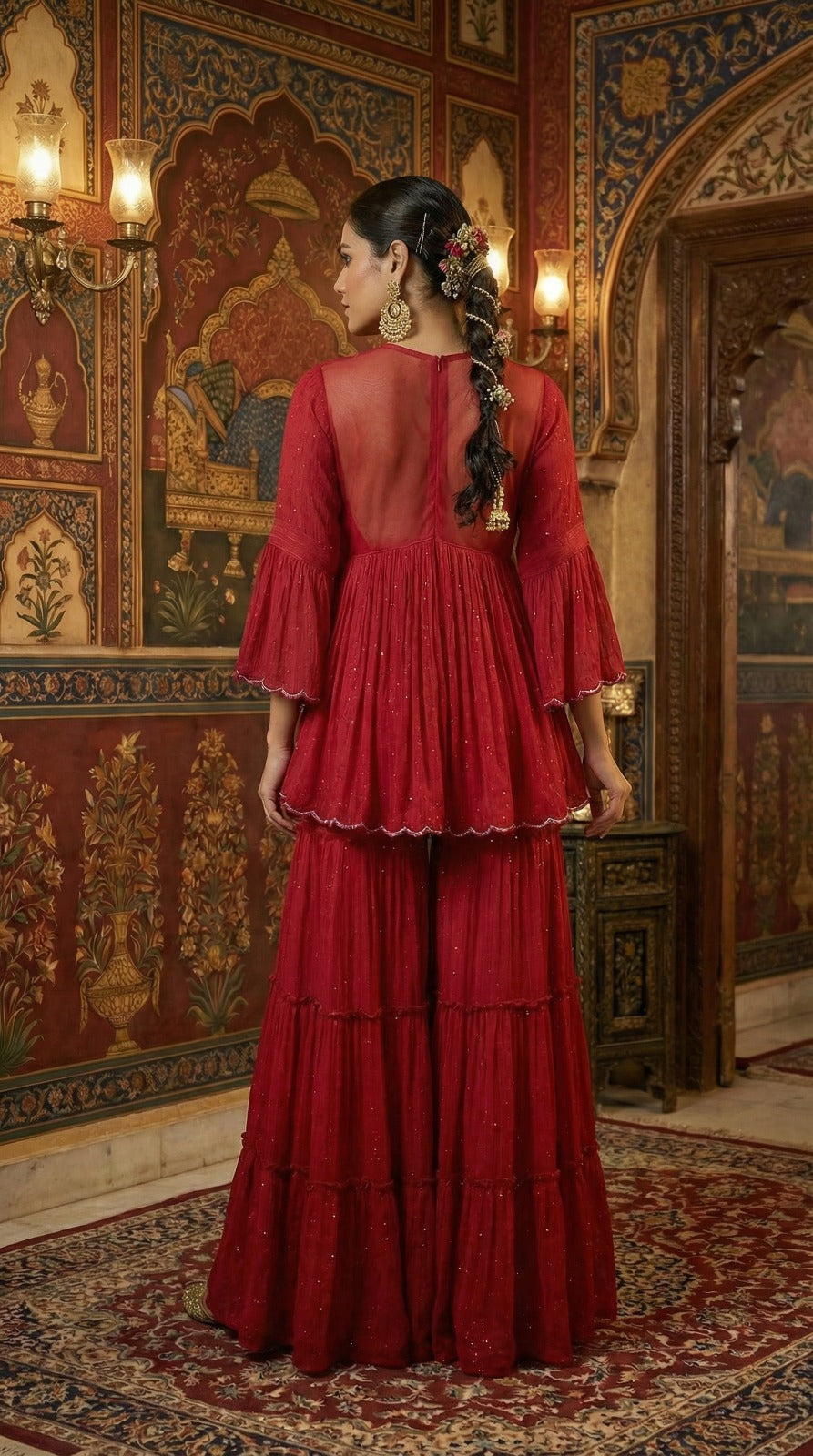 Ruby Regal Embroidered Peplum Kurta Sharara Set