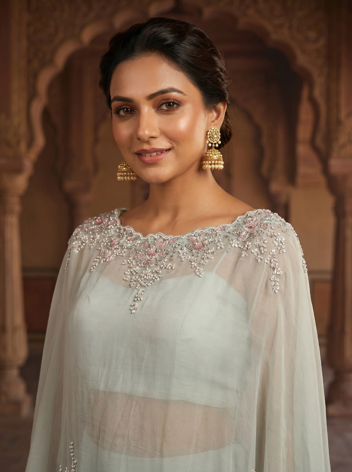 Mint Mist Embroidered Organza Cape Sharara Set