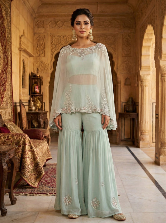 Mint Mist Embroidered Organza Cape Sharara Set