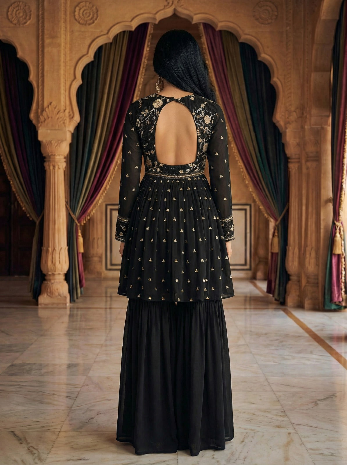 Black Sequin Sharara Set