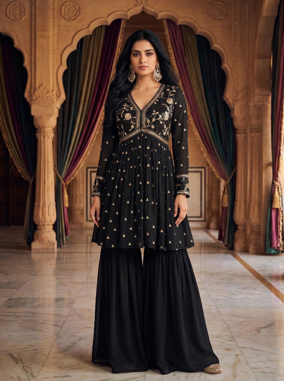 Black Sequin Sharara Set