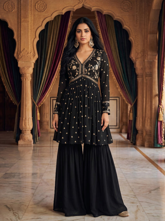 Black Sequin Sharara Set