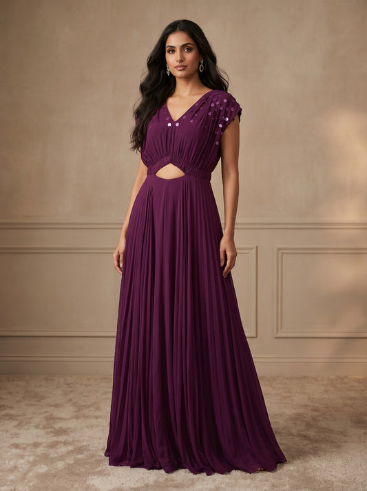 Deep Plum Pleated Embroidered Georgette Gown