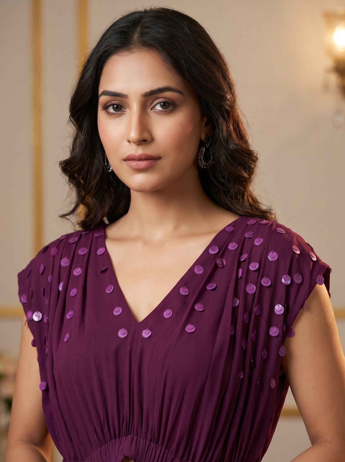 Deep Plum Pleated Embroidered Georgette Gown