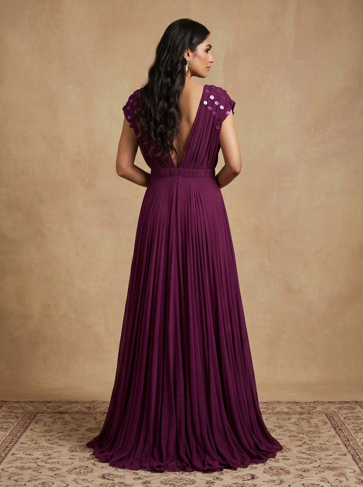 Deep Plum Pleated Embroidered Georgette Gown