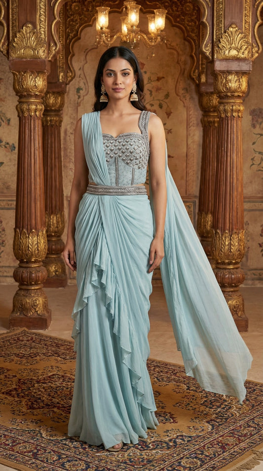 Powder Blue Ruffle Pre-Draped Georgette Saree with Embellished Blouse