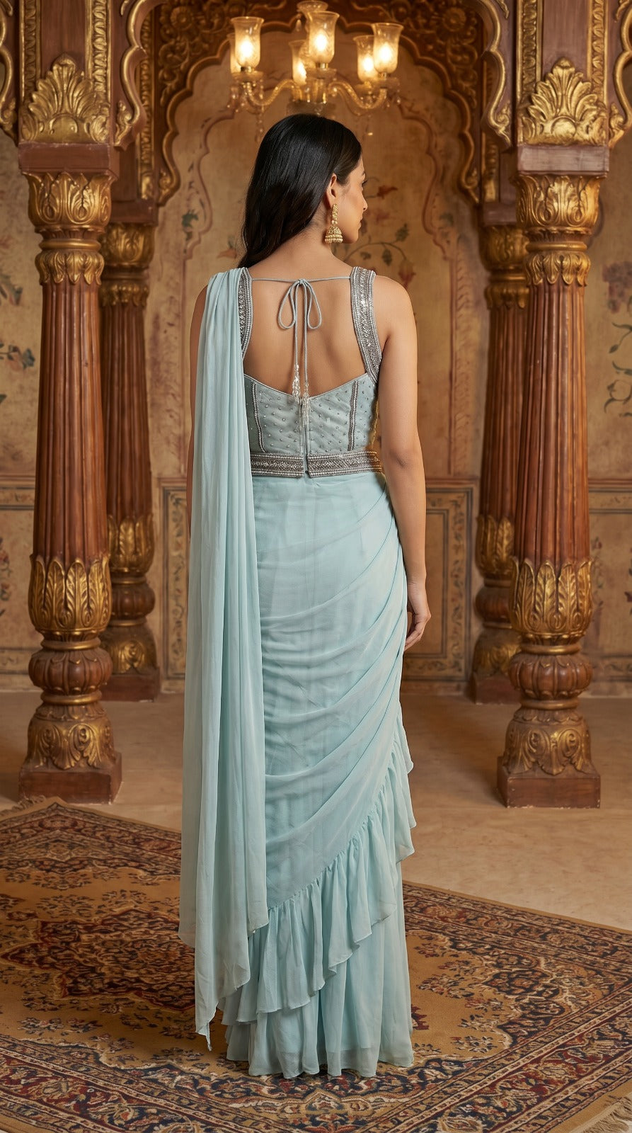 Powder Blue Ruffle Pre-Draped Georgette Saree with Embellished Blouse