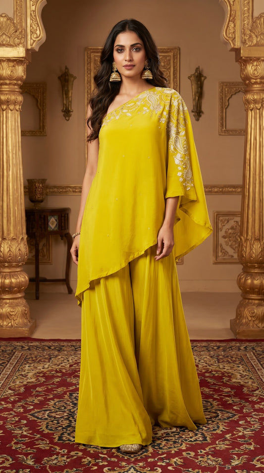 Mustard Muse – Embellished Cape & Palazzo Co-ord Set