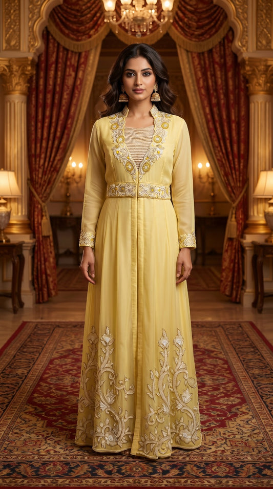 Pastel Yellow Organza Layered Gown Set