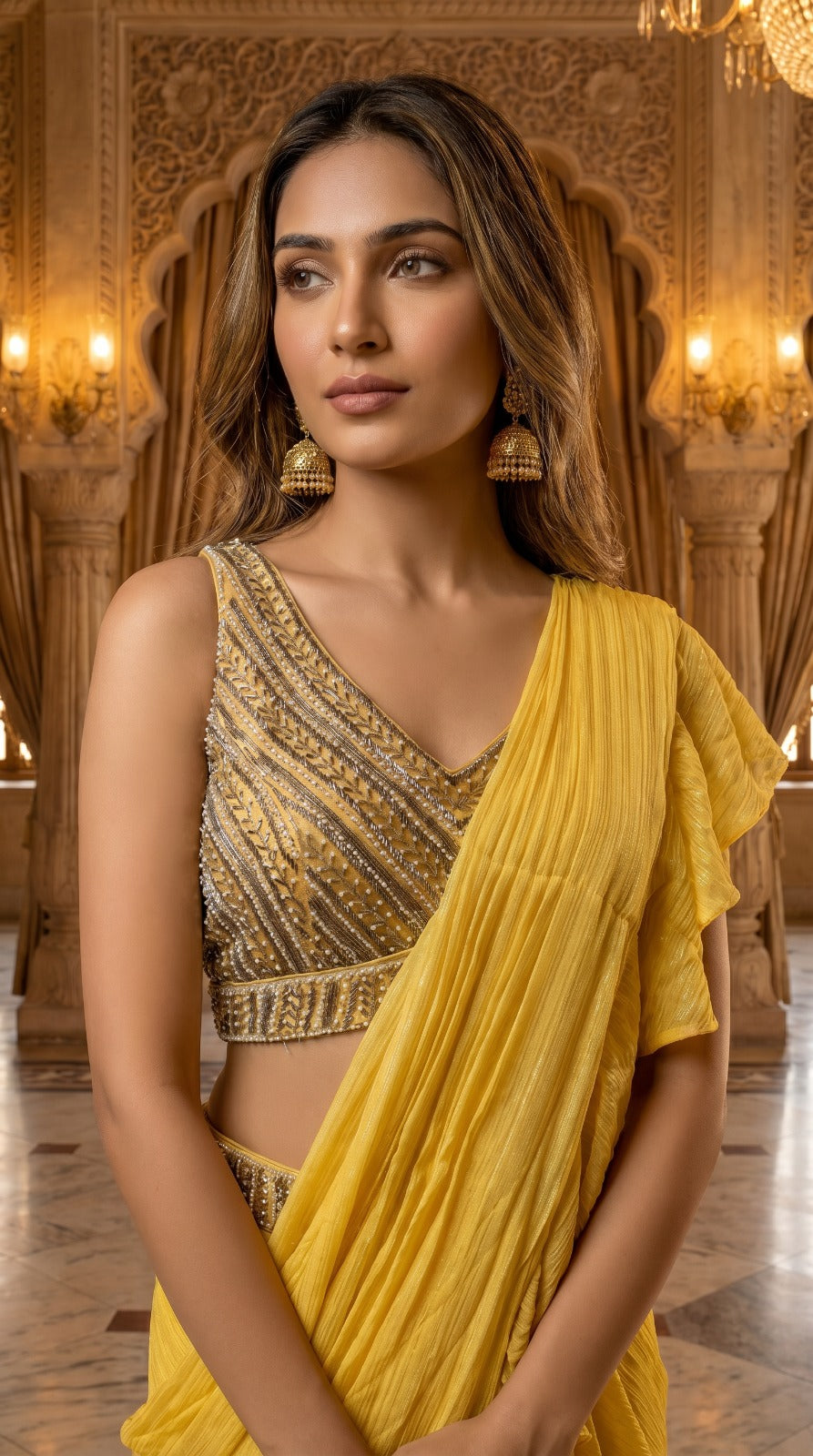 Mustard Yellow Georgette Ruffle Saree with Embellished Blouse