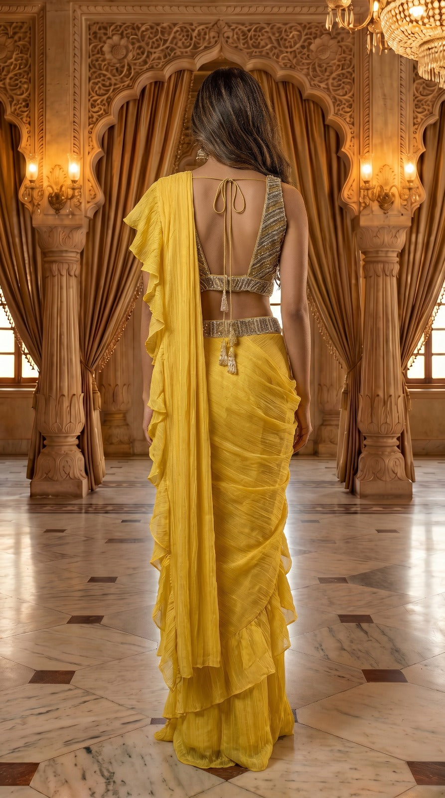Mustard Yellow Georgette Ruffle Saree with Embellished Blouse