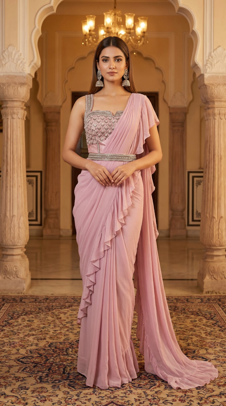 Blush Pink Georgette Pre-Draped Ruffle Saree with Embellished Blouse