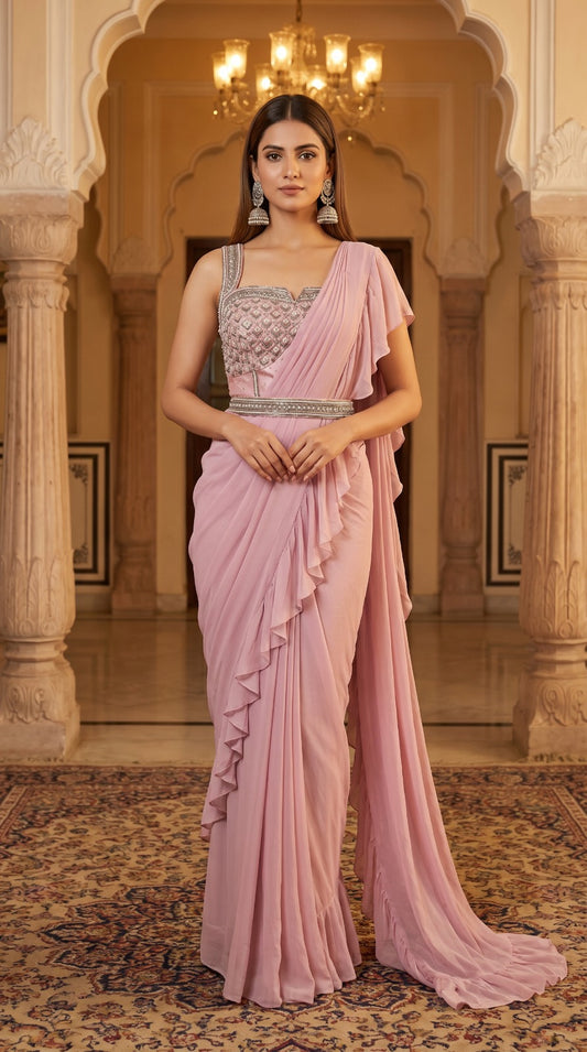 Blush Pink Georgette Pre-Draped Ruffle Saree with Embellished Blouse