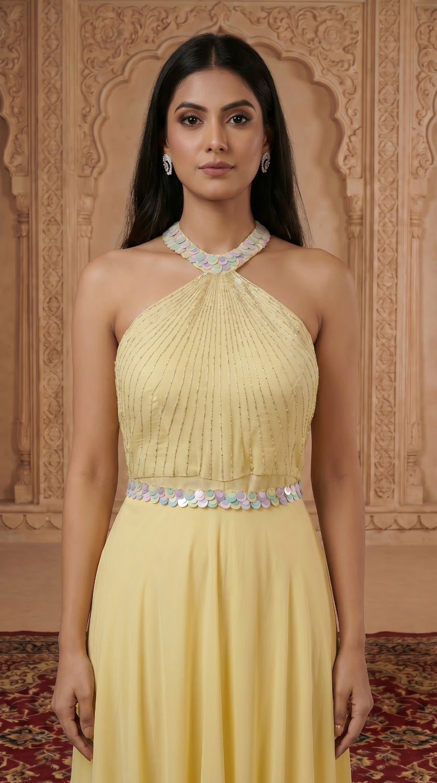 Pastel Yellow Crepe Halter Neck Embellished Dress
