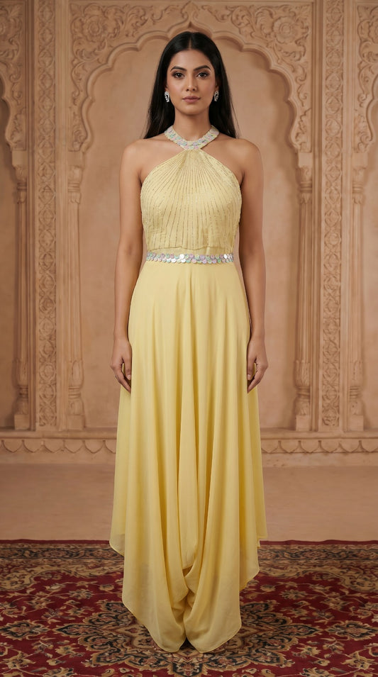 Pastel Yellow Crepe Halter Neck Embellished Dress