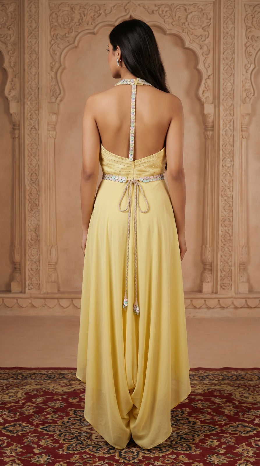 Pastel Yellow Crepe Halter Neck Embellished Dress