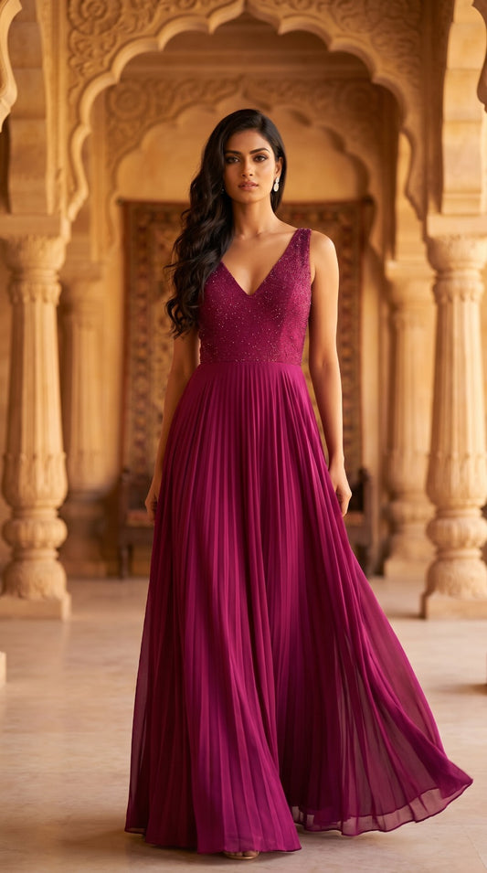 Magenta Georgette V-Neck Embellished Gown