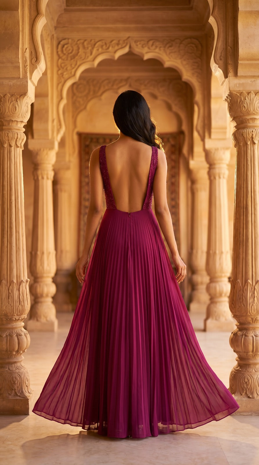Magenta Georgette V-Neck Embellished Gown