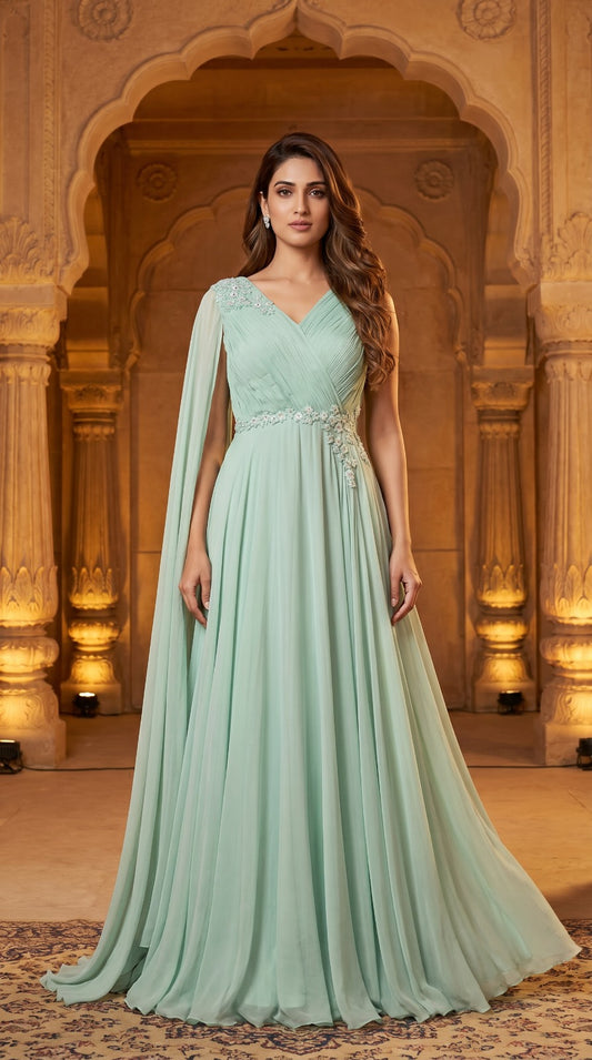 Mint Green Embellished Cape Sleeve Georgette Gown