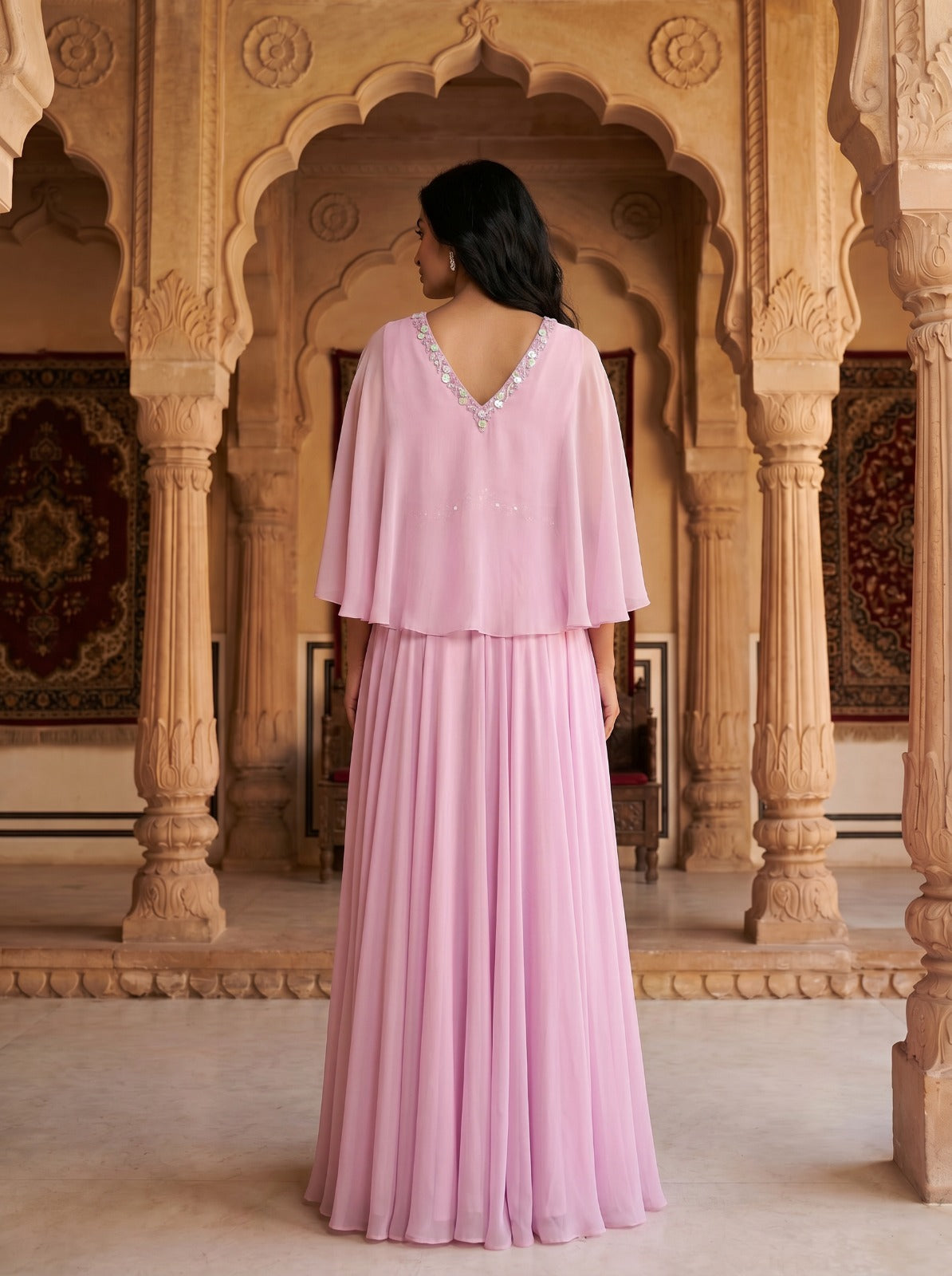 Blush Pink Georgette Cape Sleeve Embellished Gown
