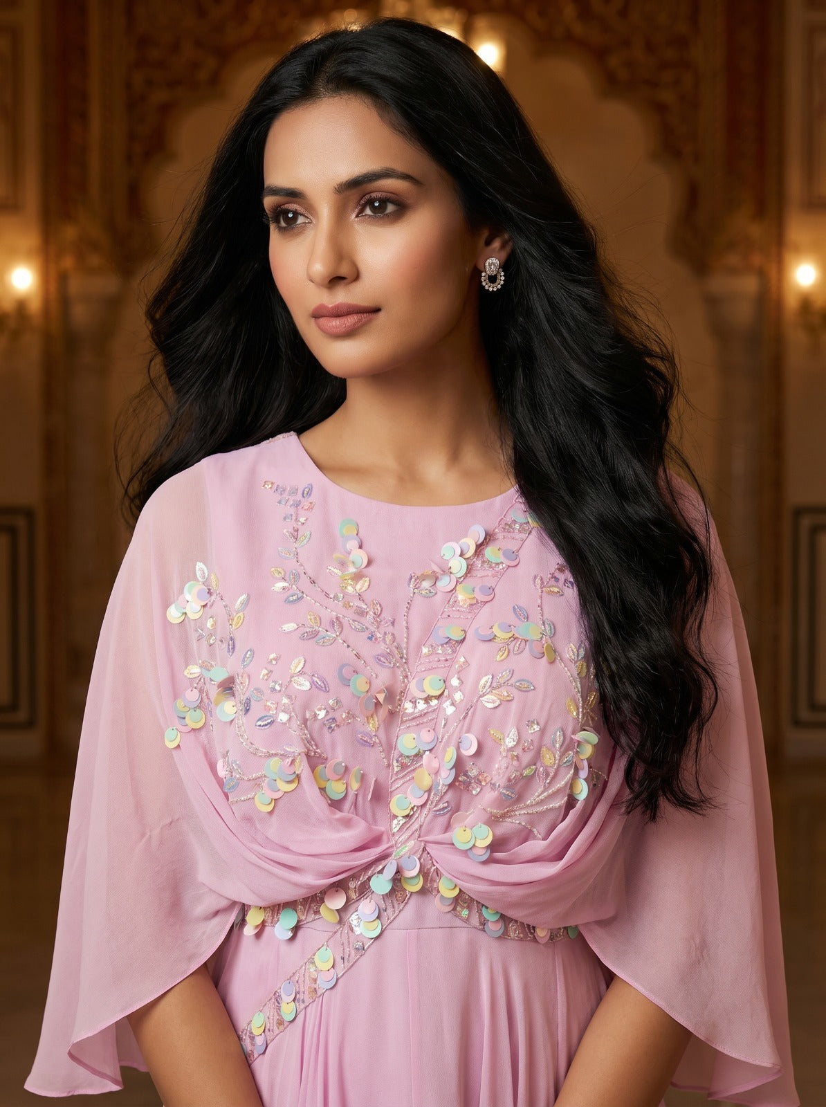 Blush Pink Georgette Cape Sleeve Embellished Gown
