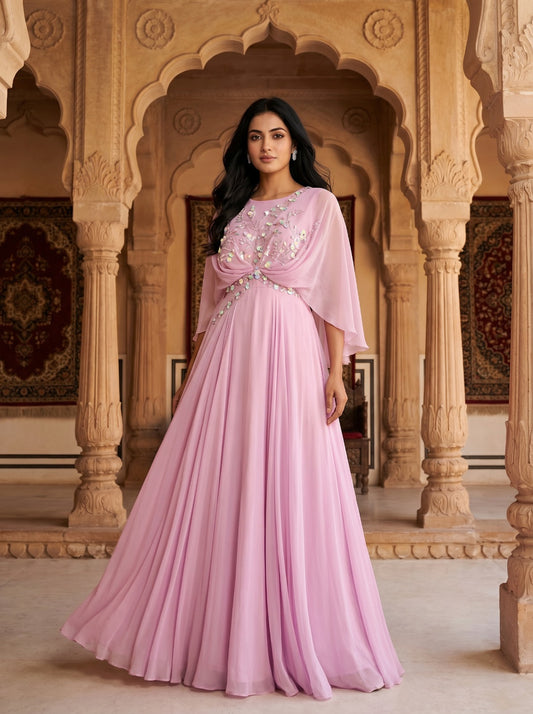 Blush Pink Georgette Cape Sleeve Embellished Gown