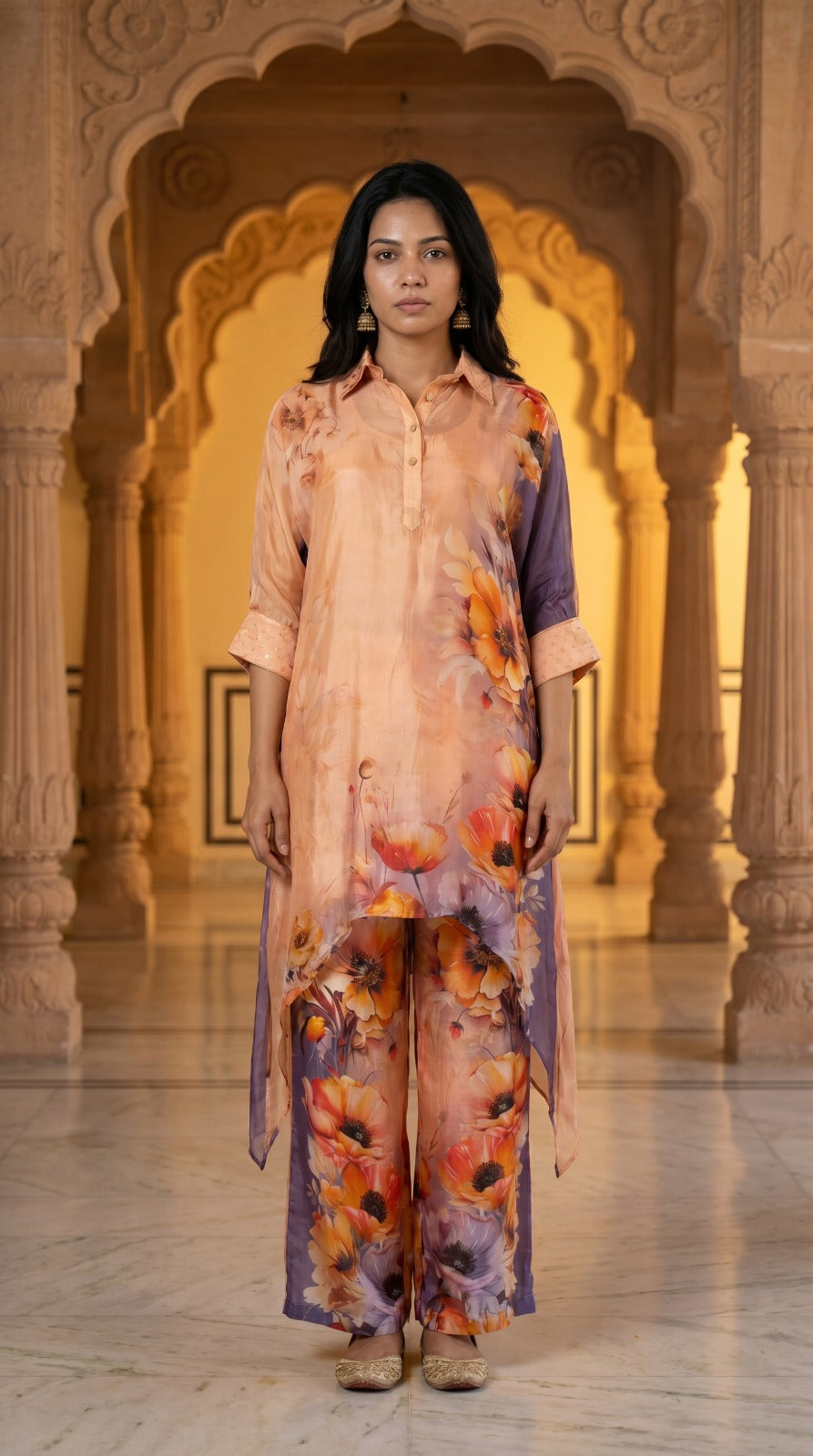 Peach Floral Crepe Silk Asymmetric Kurta Set