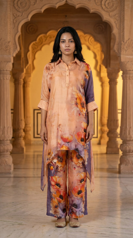 Peach Floral Crepe Silk Asymmetric Kurta Set