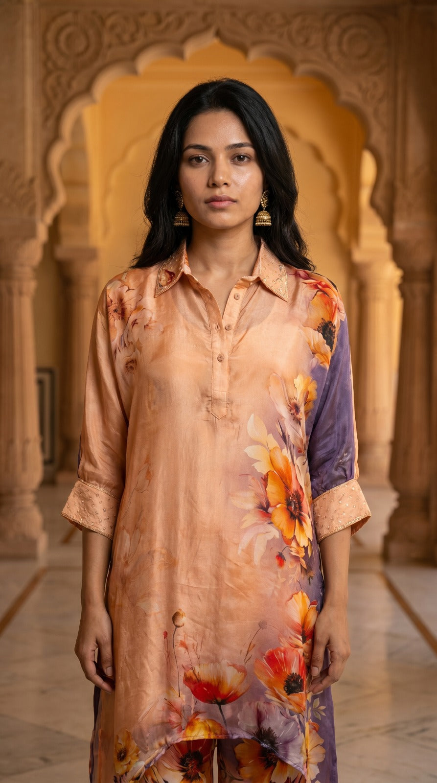 Peach Floral Crepe Silk Asymmetric Kurta Set