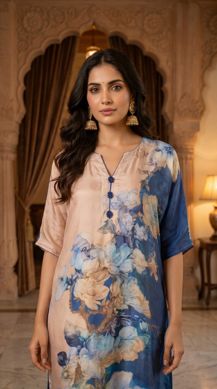 Azure Blossom Royal Blue Crepe Silk Co-ord Set