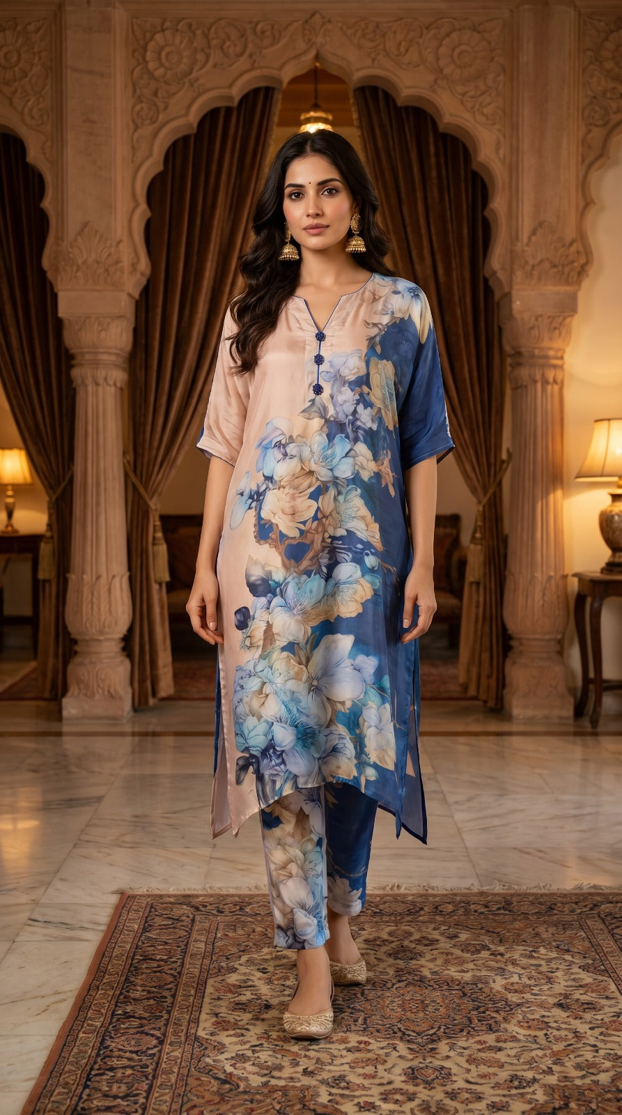 Azure Blossom Royal Blue Crepe Silk Co-ord Set