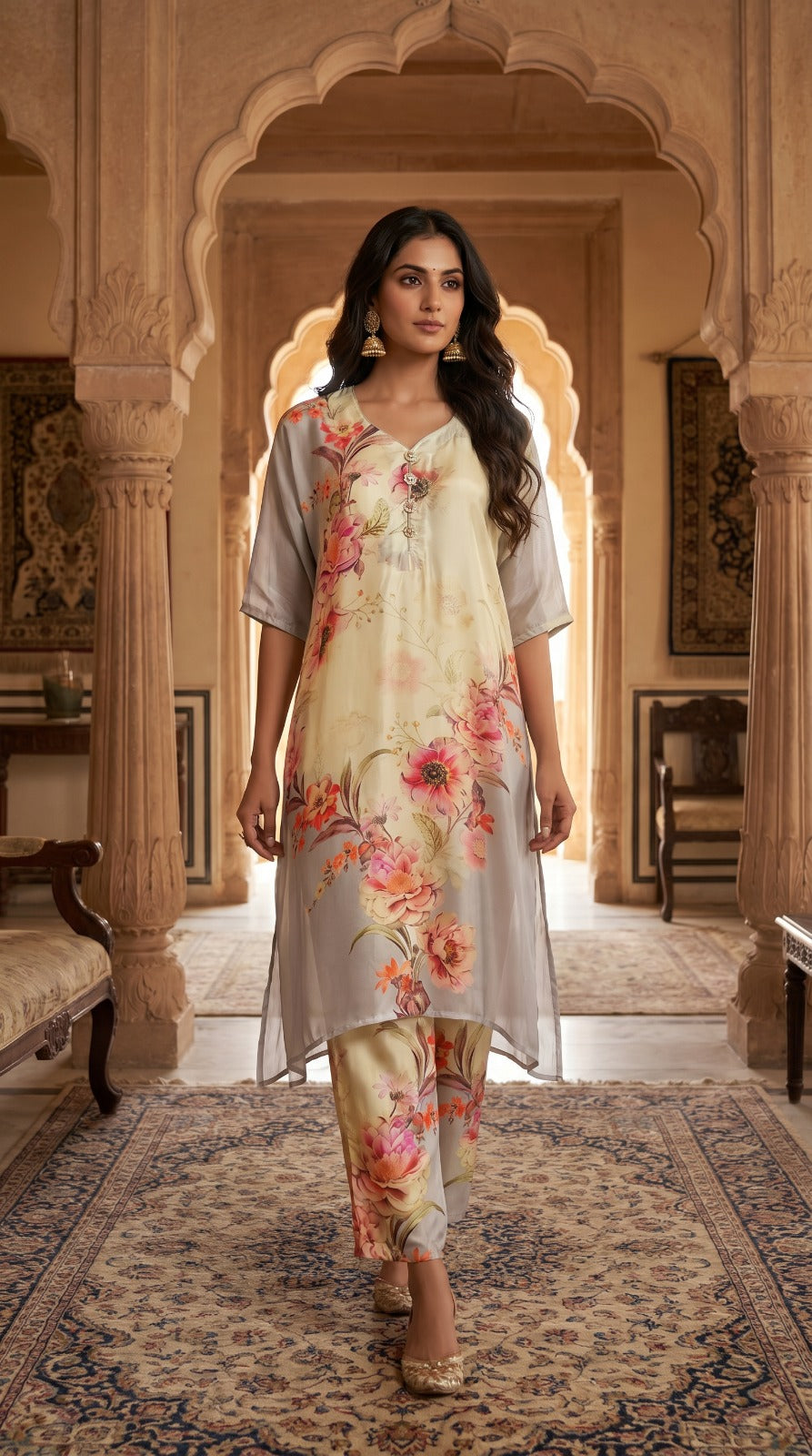 Ivory Blossom Crepe Silk Kurta Co-ord Set