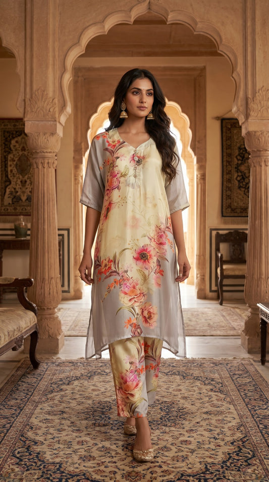Ivory Blossom Crepe Silk Kurta Co-ord Set