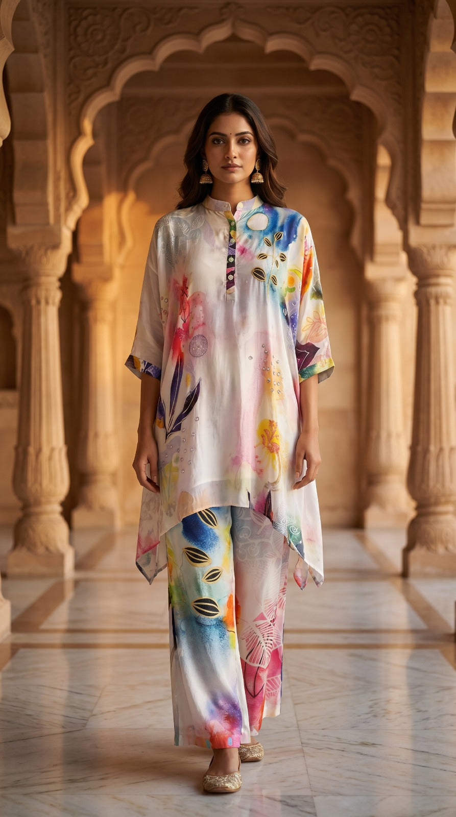 Multicolour Abstract Crepe Silk Kurta Set with Handwork