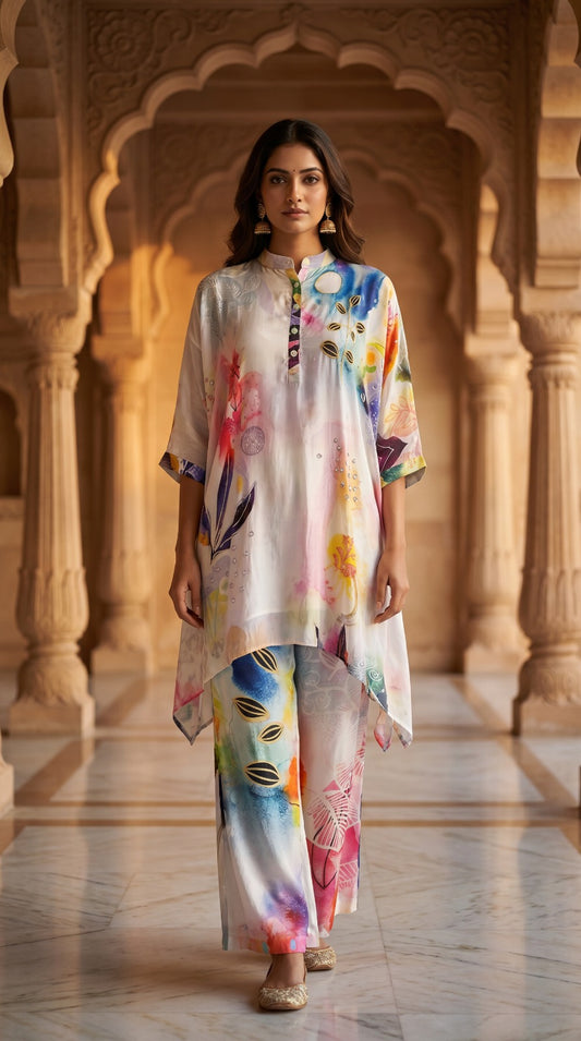 Multicolour Abstract Crepe Silk Kurta Set with Handwork
